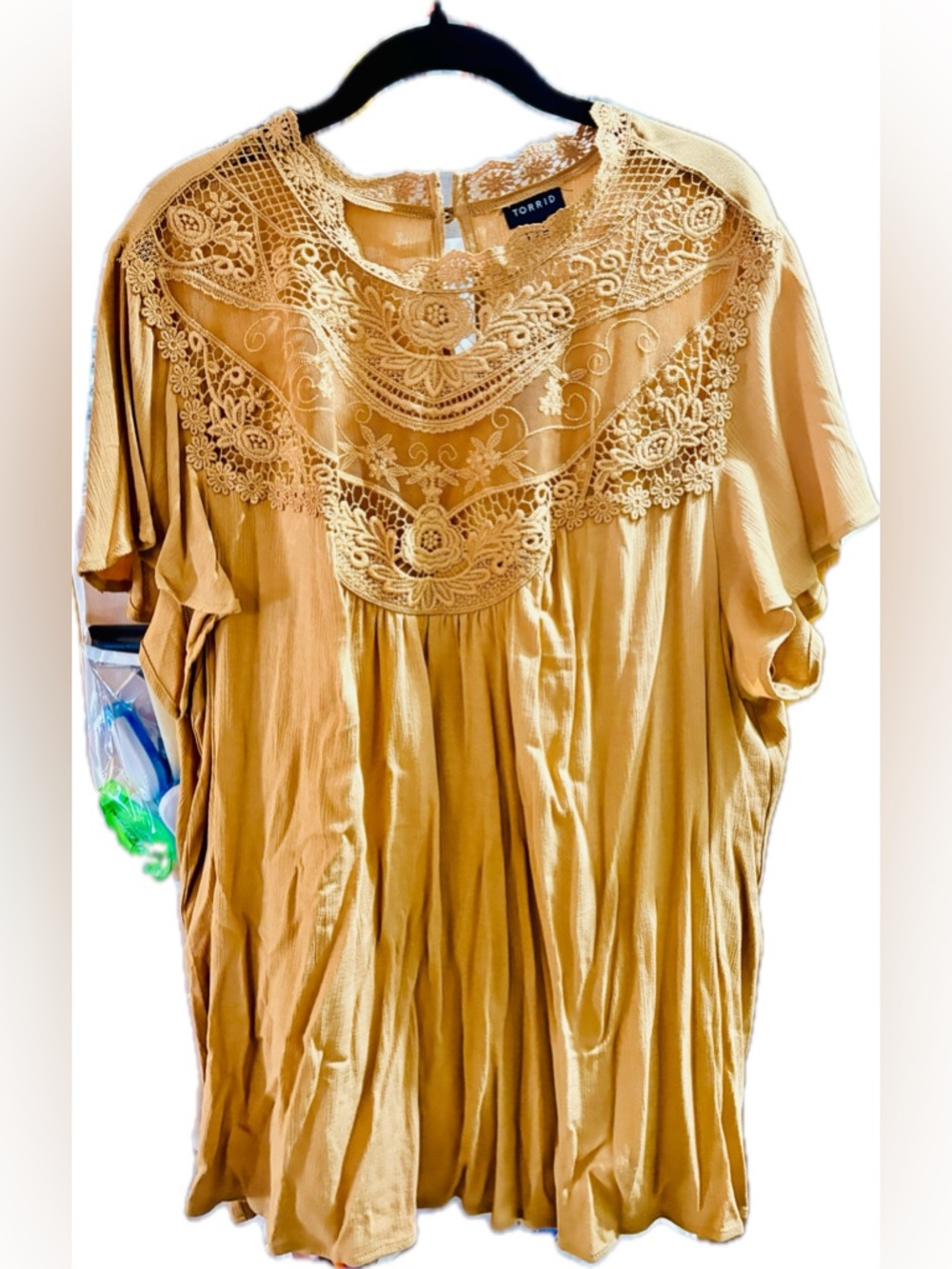 torrid Mustard Crochet Yoke Peasant Top